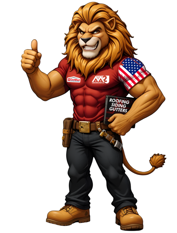 M2J Construction's lion mascot in the company jersey — the strength of a lion